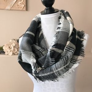 Infinity Scarf, black white cream plaid